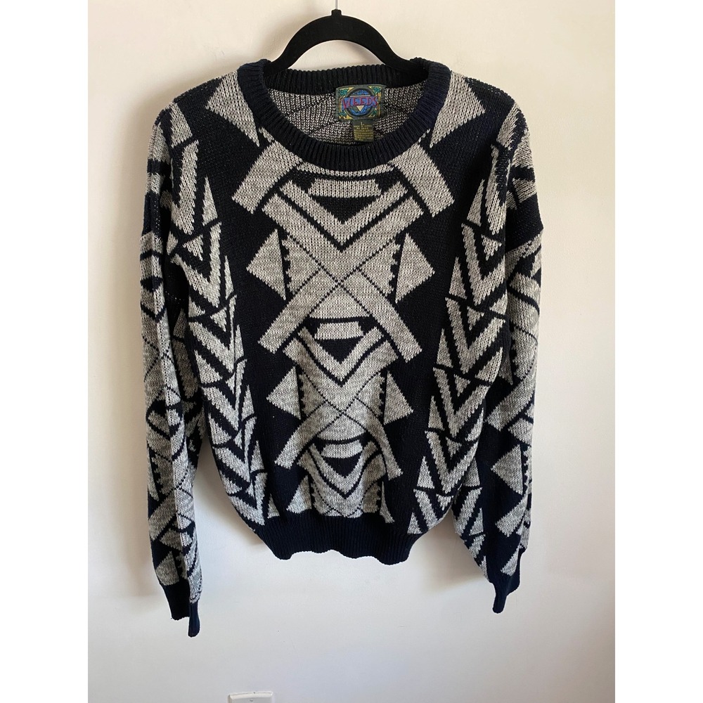 Vintage Weeds Men Black Grey Geometric Southwestern Acrylic Knit Sweater Large